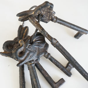 Set of 7 Antique Cast Iron Animal Head Decor Keys on a Ring