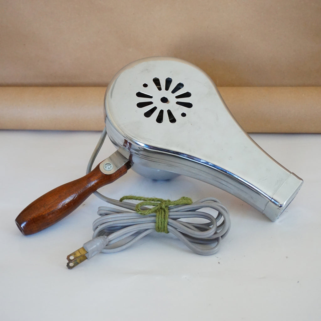 Vintage Art Deco MIRACLE VAC Chrome Hair Dryer No. 12518 with a Wooden Handle