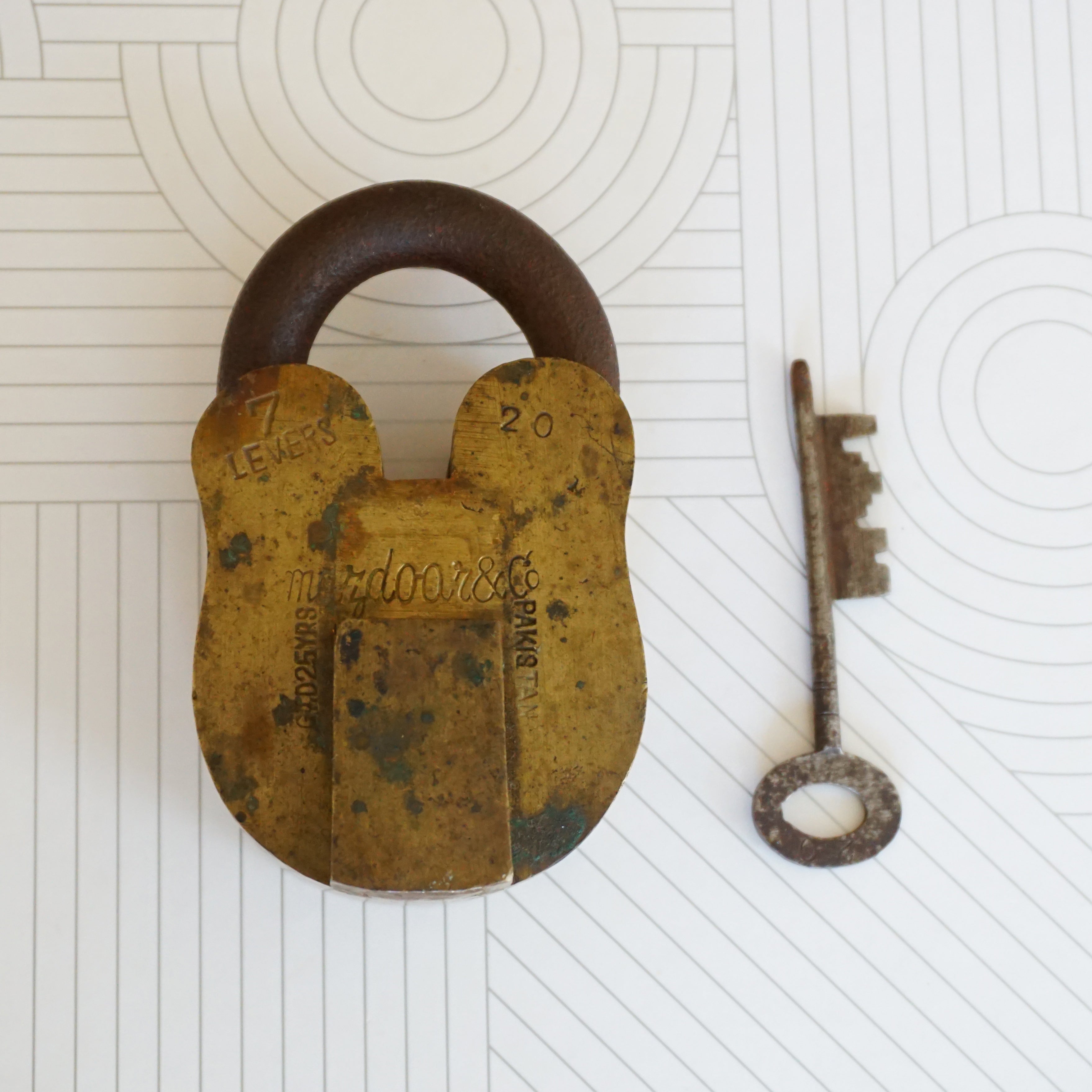 Antique Solid Brass MAZDOAR & CO Lock and Original Key. 7 Levels. G.I.D. 25 Years