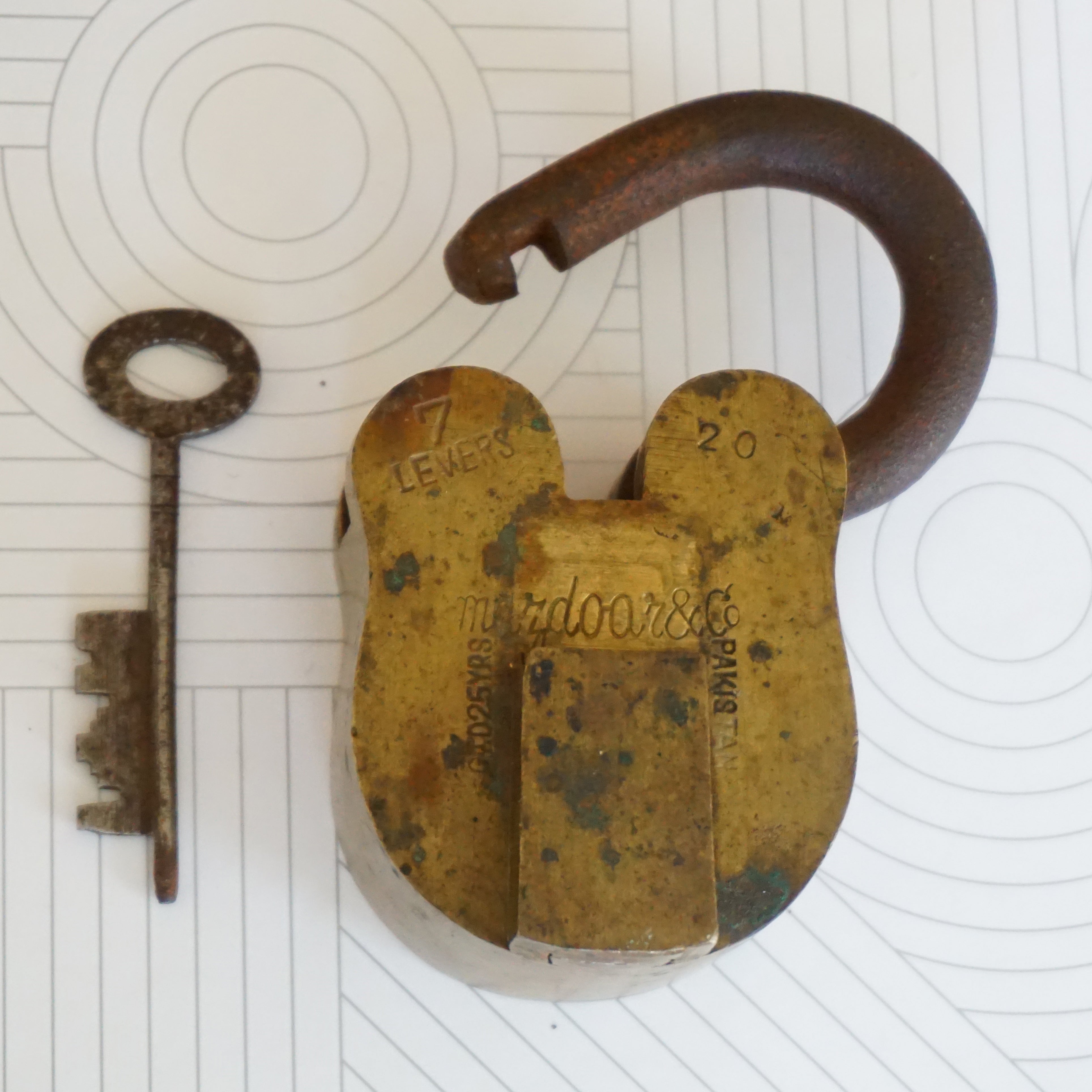 Antique Solid Brass MAZDOAR & CO Lock and Original Key. 7 Levels. G.I.D. 25 Years