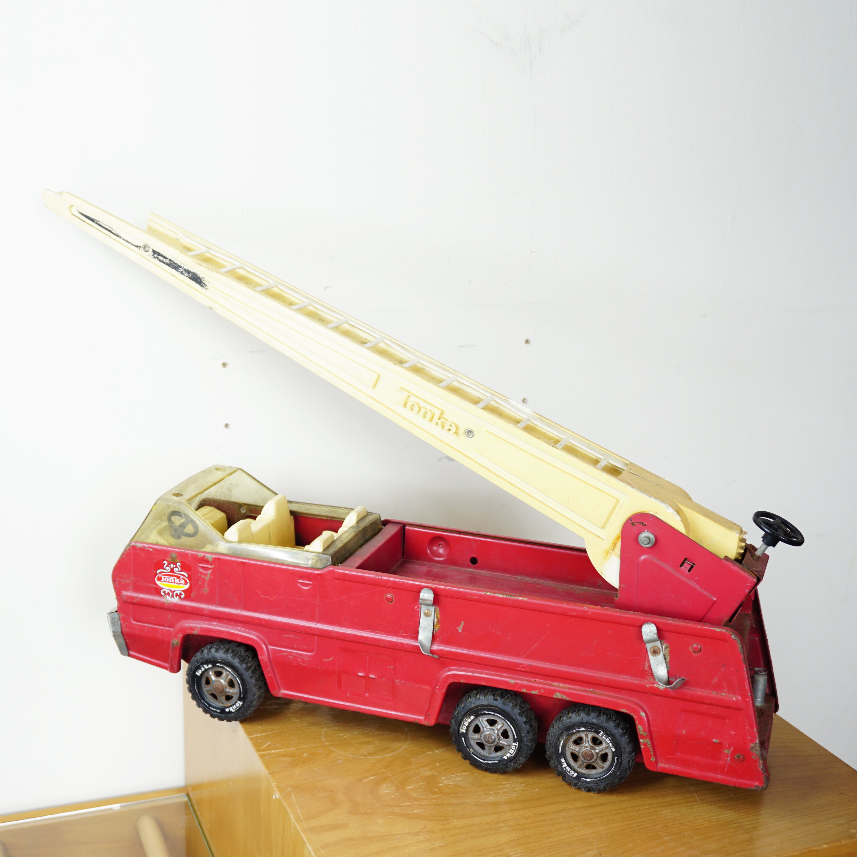 1970s Set of 2 Vintage XL 24" TONKA Pressed Steel Fire Trucks & Extending Ladder