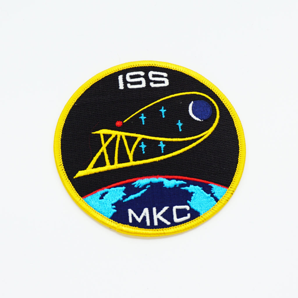 ISS XIV MKC Clothing Patch. 4" Round. Earth, Moon and Stars on Black Background and Yellow Detail