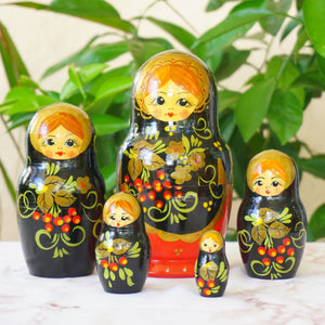 Hand Painted Wood Matryoshka "Матрёшка". Traditional Russian Nesting Dolls.  Set of 5.
