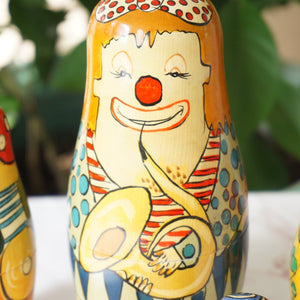 Matryoshka "Матрёшка" Russian Clowns with Musical Instruments Nesting Dolls. Set of 5 Hand Painted Wooden Figures.