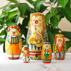 Matryoshka "Матрёшка" Russian Clowns with Musical Instruments Nesting Dolls. Set of 5 Hand Painted Wooden Figures.
