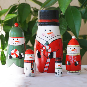 Matryoshka "Матрёшка" Holiday Time Snowmen Nesting Dolls. Set of 5 Christmas Wooden Figures.