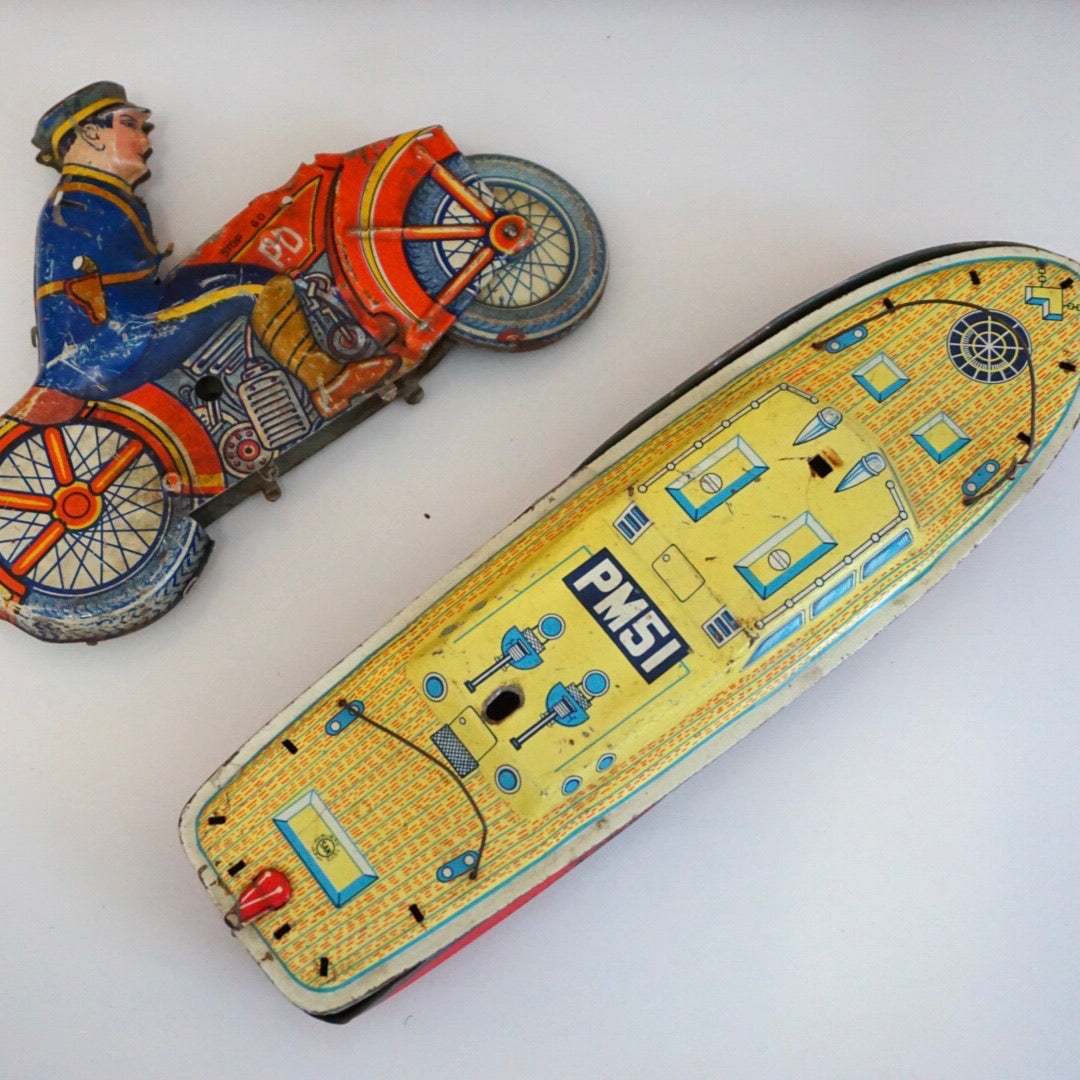 Tin Litho Police on Motorcycle & PM51 Coast Guard Patrol Boat. For Parts.